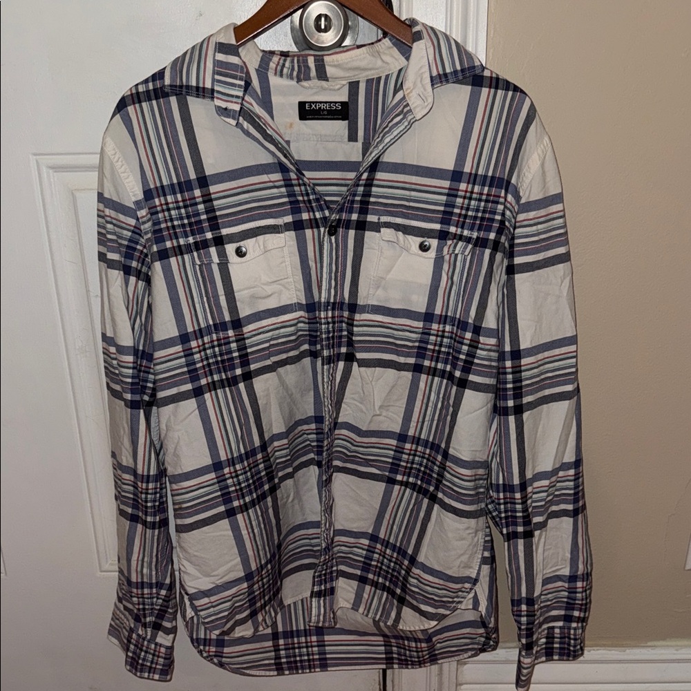 Express Men's White and Blue Plaid Shirt